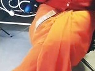 Low Hip Orange Saree Navel Aunty