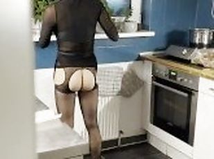 Maid in stockings just wanted to water the plants, ended up squirting all over his cock