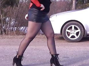 Leather skirt and black pantyhose-Sexy walk big ass