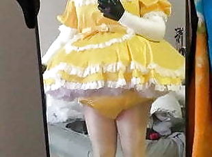 Frilly sissy diaper pantyhose  maid shows off outfit