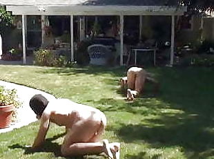 Two Dommes In Bikinis Train Two Naked male slaves As Dogs 