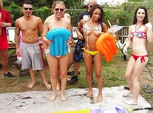 Three charming chicks are in a hot bikini sex party