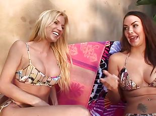 Angie Savage and Sophia Santi lick and toy each other in lesbian scene