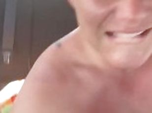 Freckled thick amateur pawg Jez sits in the back of a truck naked on the highway