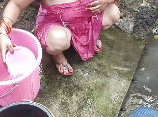 Indian House Wife Bathing Outside