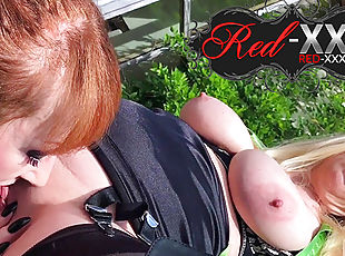 British redhead mom licks her arousing girlfriend outside