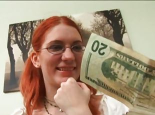 Glassed Redhead Teen Gets Paid To Have a Threesome With Two Old Men