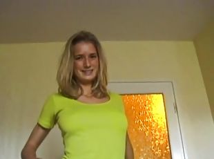 Lustful blonde wearing pantyhose gets fucked in standing & other poses