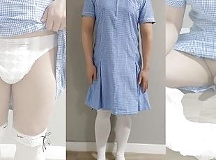 Crossdresser Wearing a Blue Gingham Dress and Jerking off on a pull-up Diaper ??? ?? ??