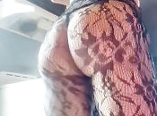 Milf in sexy fishnets twerks and plays with her asshole