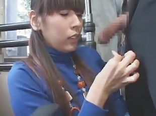 Japanese girl in turtleneck has oral on bus