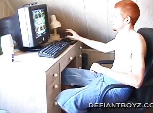 Sitting naked in front of a computer, Tristian lubricates his cock and starts masturbating, while watching some porn. After showing us his cute lit...