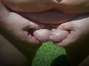 fat man naked pissing massaging balls outside
