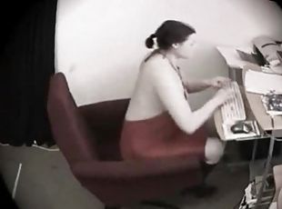 A chubby brunette blowjobs and rides a cock in the office