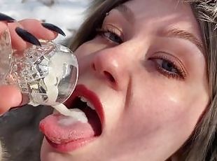Slavic Milf drinks FROZEN Cum out of glass clip