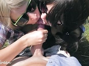 Outdoor blowjob with 2 girl, cum mouth, cum kissing - threesome ffm Amateur Kira Green